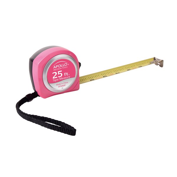 Apollo Tools Measuring Tape, 25 Foot, DT5002P, Nylon Blade, Lock Button, Belt Clip - Pink Ribbon - Pink