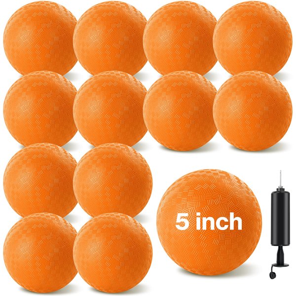 HSLCGF 12 Pcs Dodgeballs 5 Inch Playground Ball Kickball Orange Inflatable Rubber Handball Bouncy Dodge Ball with 1 Hand Pump for Outdoors Ball Games Gym Camps Picnic