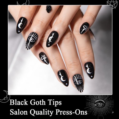 Press On Nails Short Almond, SHOWMORE Black Goth Acrylic Fake Nails Medium Snake Stars Moon Witchy Glue On Nails False Nails with Design Stick On Nails in 15 Sizes 30 Nail Kit with Glue