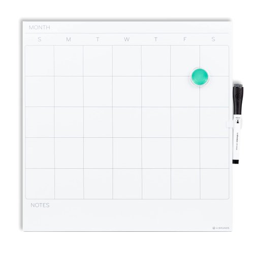 U Brands Square Magnetic Dry Erase Calendar Board, 14"x14", Frameless, Includes Marker and Magnet