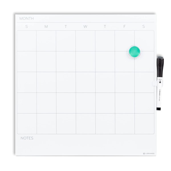 U Brands Square Magnetic Dry Erase Calendar Board, 14"x14", Frameless, Includes Marker and Magnet