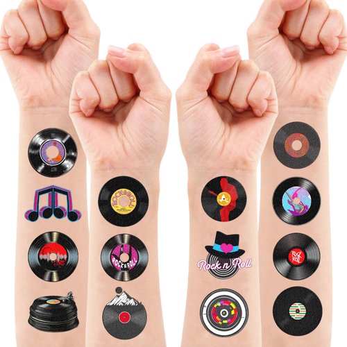125 PCS Music Vinyl Records Temporary Tattoos Birthday Party Decorations Favors Supplies Disco Decor 1950’s Rock and Roll Colorful Paper Records Stickers For Boys Girls Gift School Prizes Rewards