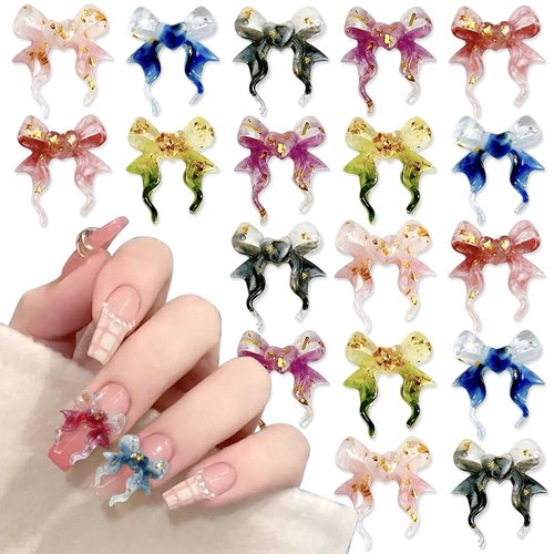 40 PCS Bow Nail Charms Y2K,3D Ribbon Bows for Nails Charms Kawaii Bowknot Resin Charms for Nails Design Mixed Color Gradient Gold Foil Bow Heart Nail Charm for Nail Supplies Nail Accessories Nail Art
