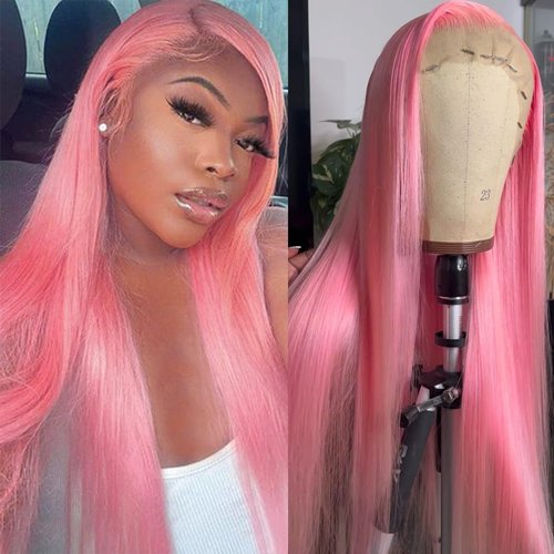 GJRainDY Pink Lace Front Wigs Synthetic Long Straight Hair Wig for Women Pastel Pink Red Wig Pre Plucked Natural Hairline for Black Women Heat Resistant Fiber Hair Cosplay Daily Wear Wig 24Inch