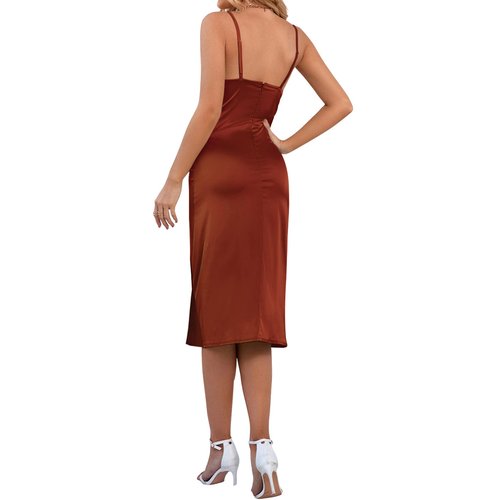 LYANER Women's Satin Drape Cowl Neck Sleeveless Strappy Cami Split Slit Cocktail Party Midi Dress Rust Brown Small