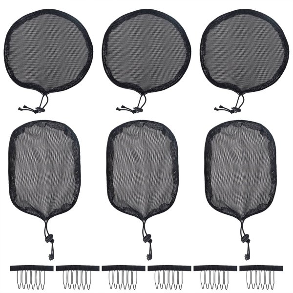 Framendino, 6 Pieces Black Weaving Net Cap Elastic Drawstring Ponytail Hair Net with 6pcs Mesh Cap Clips for Making Afro Puff Hair Bun Hair Wig Making Tools for Women