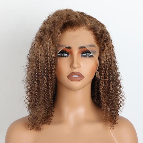 BLY Hihglight Afro Kinky Curly Bob Wigs C Part 13x6 HD Lace Front Wig 16 Inch Pre Plucked Thick Short Curly Bob Hair 4/27 Ombre Colored Wig for Women 180 Density