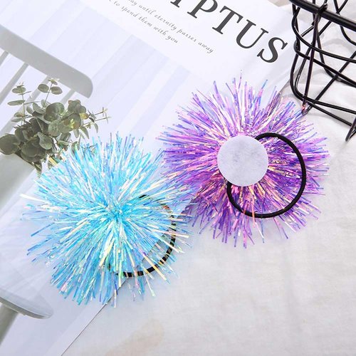 4 Pcs Pom Pom Ball Hair Ties Sparkle Foil Strips Ball Hair Bands Tinsel Fluffy Ball Hair Rings Elastic Hair Ropes Ponytail Holder Hair Accessories for Women and Girls Christmas Party