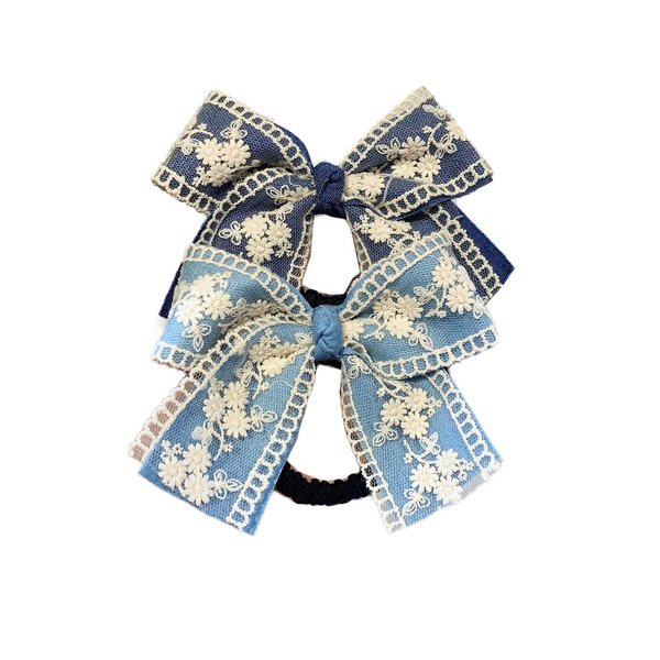 Blue Denim Lace Bow Hair Clips Blue Jeans Lace Hairpin Denim Lace Hair Bow Pin BW18 (Set-Hair Ring Tie)