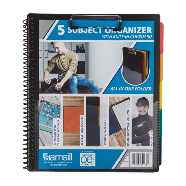 Samsill 5 Subject Spiral School Organizer with Clipboard and Removable Notepad, All-in-One Folder, 5 Dividers with 10 Pockets, Multi-Pocket Folder and Document Holder, Black