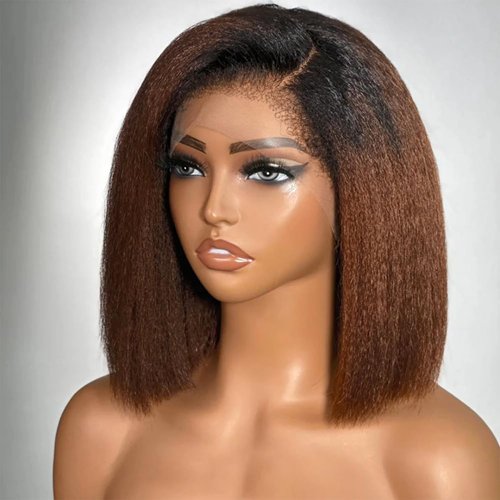 ANONLYLUX Ombre Brown Kinky Straight Short Bob Wig Human Hair 13x6 Yaki Straight Lace Front Wigs for Women Brazilian Virgin Yaki Human Hair Wigs Blunt Cut Bob Pre Plucked with Baby Hair 8 Inch