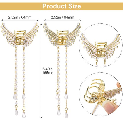 ANCIRS 2 Pack Pearl Long Tassel Hair Claw Clips for Women, Rhinestone Butterfly Hair Barrettes Accessories for Girls
