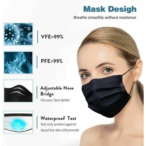 Premium Disposable Face Mask Black Safety Breathable Anti-Dust Mask Mascara Facial for Personal Care Protection (1 Pack Of Black 50 Pcs)