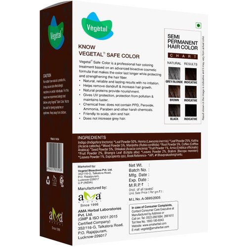 Vegetal Safe Hair Color - Dark Brown 100gm - Certified Organic Chemical and Allergy Free Bio Natural Hair Color with No Ammonia Formula for Men & Women (Pack of 2)