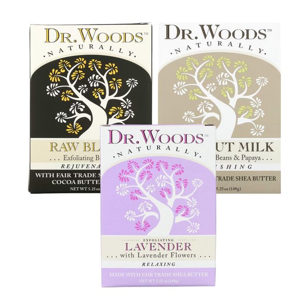 Dr. Woods All Natural Bar Soap Bundle - Raw Black, Coconut Milk, and Lavender Castile Soap (Pack of 3)