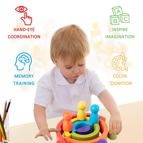 DHinkyoung 12 Pcs Wooden Rainbow Stacking Toys, Toddler Montessori Arch Bridge Stacker Game, Building Blocks Puzzle Stackers for Kids Baby Toddlers 1 2 3 4 5 Years Old