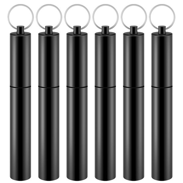 Bokon 6 Pcs Portable Toothpick Holder Airtight Aluminum Metal Tube Joint Tube Storage Tube Waterproof Pocket Purse Tube Container Holder with Keychain for Travel Picnic(Black, Black)