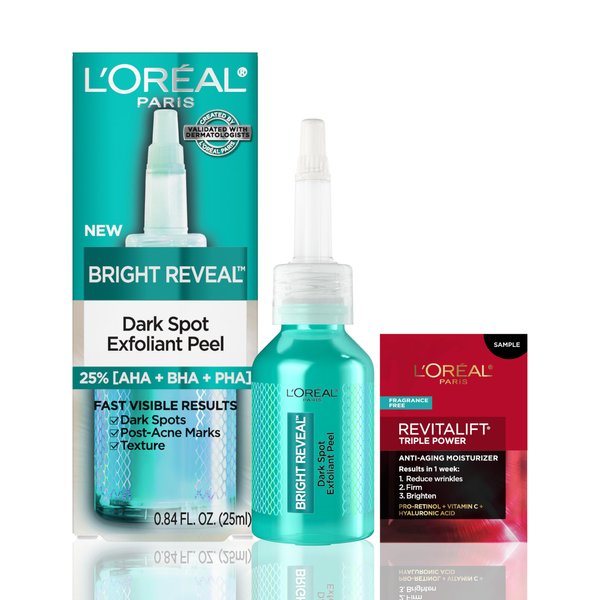 L'Oreal Paris Bright Reveal Dark Spot Exfoliant Peel, 25% AHA BHA PHA Face Exfoliator Solution, Gentle Skincare to Visibly Reduce Dark Spots and Renew Skin Texture, Includes Lotion Sample