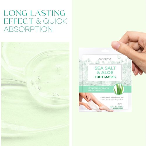 Skin 2.0 Sea Salt and Aloe Foot Masks Moisturizing Socks - Cracked Heel Treatment, Soothing & Deeply Hydrates, Exfoliating Foot Mask - Cruelty Free Korean Skin Care For All Skin Types - 3 Pairs