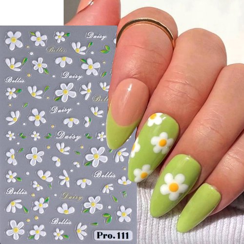 Tyuimhx 5 Sheets Flowers Nail Art Stickers Decals 5D Embossed Self-Adhesive Daisy Nail Stickers Summer White Yellow Red Floral Nail Decals Supplies for Women Girls DIY French Nail Tip Nail Decorations
