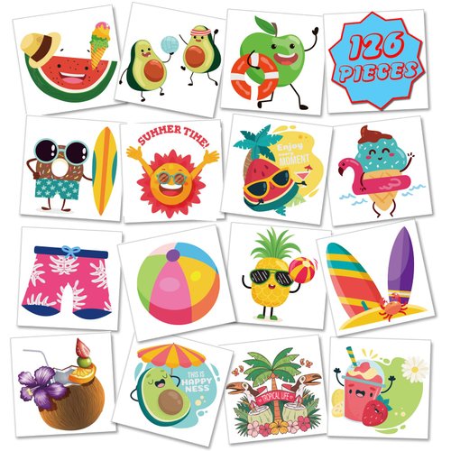 Casciybo Summer Kids Temporary Tattoos, 126 Sheets Hawaiian Party Fake Tattoo Sticker, Individual Wrapped Waterproof Beach Party Decoration Supplies Favors for Boys Girls