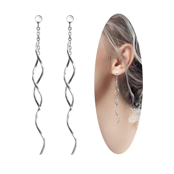 Sterling Silver Spiral Long Wire Earrings, Handmade Twisted Linear Hypoallergenic Dangle Drop Earrings, Perfect Gift for Women and Teen Girls (Silver, straight long wire earing)