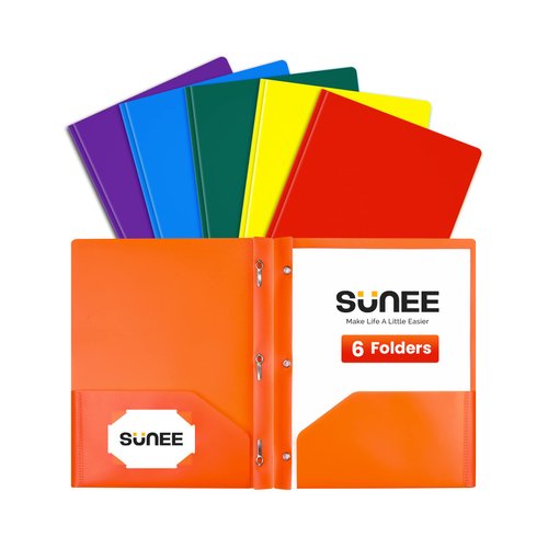 SUNEE 3-Prong Plastic Folders with Pockets (6 Pack, Assorted Colors) 2 Pocket Folders with Fasteners, Tear-Resistant Plastic Pockets, and Fit Letter Size Paper, Use for School Office Home Business