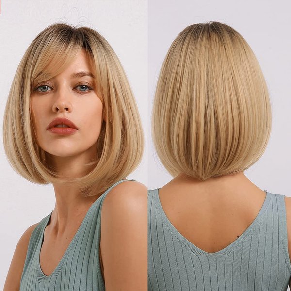 Blonde Bob Wig with Bangs Short Bob Wigs for Women Short Blonde Wig with Dark Roots Heat Resistant Synthetic Wig Natural Looking for Party Daily Use