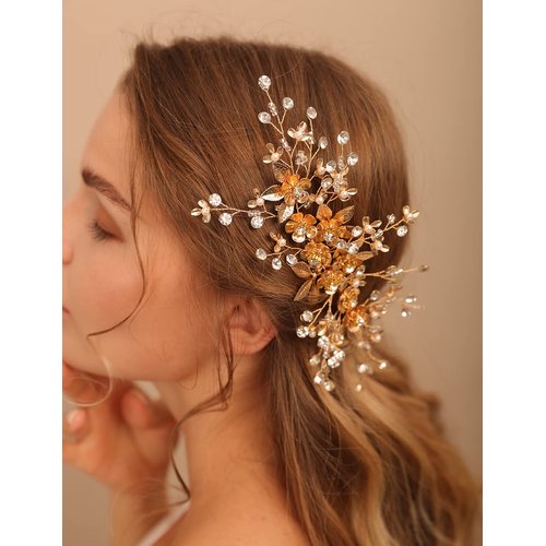 Jumwrit Bridal Hair Comb Rhinestone Crystal Headpiece Handmade Flower Leaves Pearl Hair Comb for Bride Bridesmaid Wedding Hair Accessories for Women Girls（Gold）