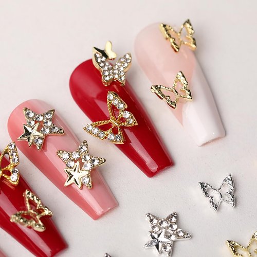 Butterfly Nail Charms Butterfly Star Nail Art Charms Metal Star Charms with Diamond Design 3D Butterflies Nail Supply Alloy Shiny Butterfly Star Nail Rhinestones Decoration for Women 20pcs