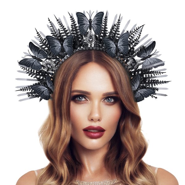 COSUCOS Halo Crown Headpiece Goddess - Black Spiked Headwear Gothic Crowns Queen Festival Headband for Women Wedding Photoshoot Cosplay Butterfly Accessories Pageant Costume