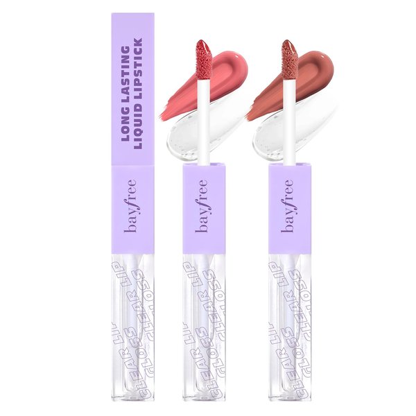 bayfree Long Lasting Liquid Lipstick with Clear Lip Gloss Set, High Pigment and Shine Lip Stain, Waterproof, Kiss-Proof, Up to 24H Wear, 0.1 Fl oz (Radiantly Rose)