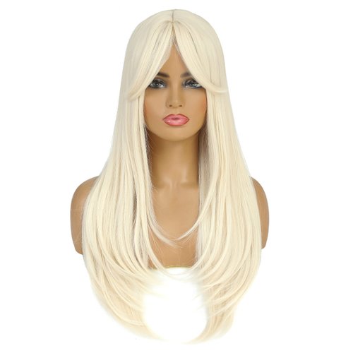 SWACC Long Layered Straight Wig with Bangs Synthetic Hair Wig for Women with Wig Cap (Platinum Blonde)