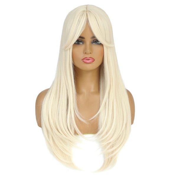 SWACC Long Layered Straight Wig with Bangs Synthetic Hair Wig for Women with Wig Cap (Platinum Blonde)