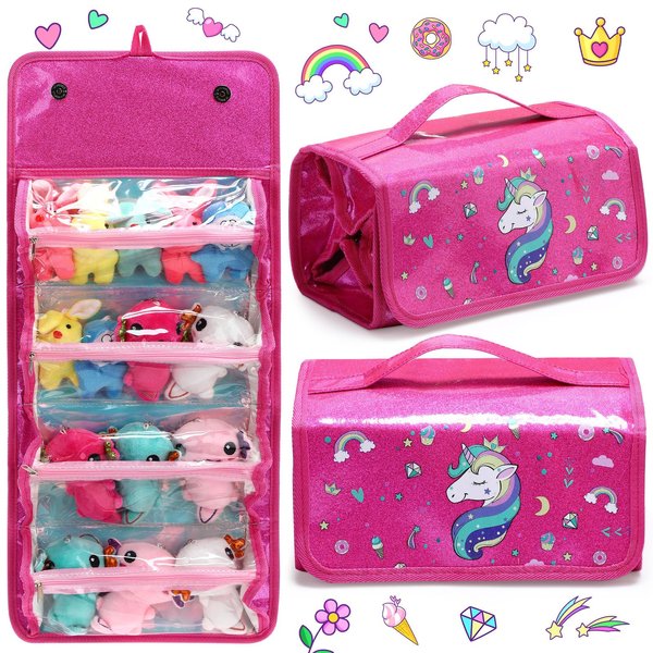 Bulyoou Doll Storage Organizer Display Case Compatible with All Dolls, Tote Carrying Case Organizer for Dolls, Clear View Hanging Case for Girls Christmas Birthday Gifts(Pink,Unicorn)