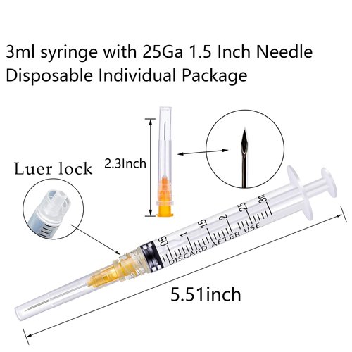 Hyinghw 50Pack 3ml/cc Luer Lock with 25Ga 1.5” Individual Wrapped Pack of 50