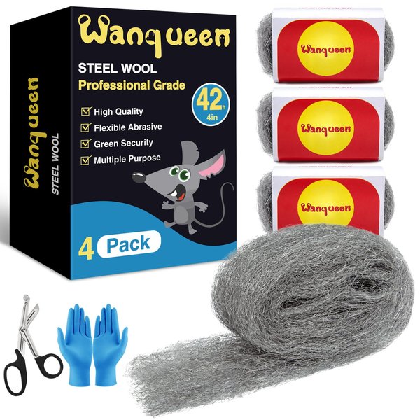 Steel Wool Mice Control 4'' * 42' Total Rodent Control Fill Fabric, Steel Wool Pads Mouse Blocker Keep Mice Away from Holes Wall Cracks Gaps(4 Rolls)
