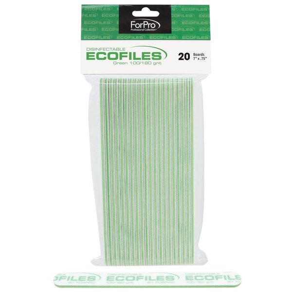 ForPro ECOFILES Eco-Friendly Foam Boards, Green, 100/180 Grit, Double-Sided Manicure and Pedicure Nail Files, 7” L x .75” W, 20-Count