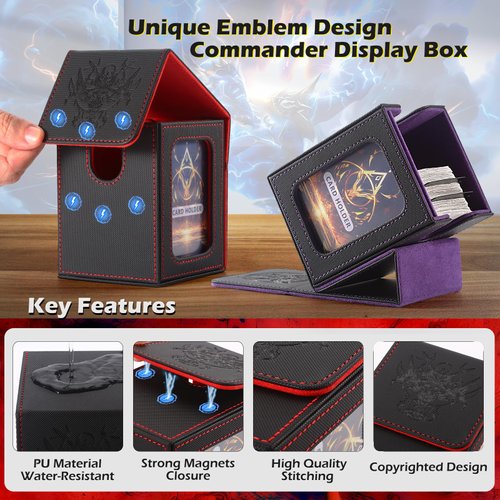 Komick MTG Commander Deck Box Emblem Embossed Logo with WIndow Display, PU Leather Card Storage Case Holds 100+ Double-Sleeved Cards, Magnetic Closure, Fits TCG, CCG, Magic Cards (Blue Skarn)