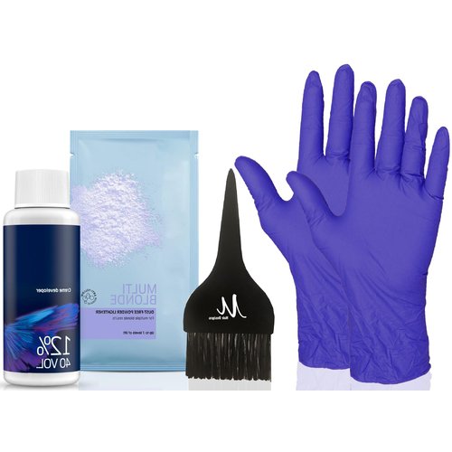Blondor Multi Blonde Lightening Powder Blondor Bleach Powder 30 grams, Welloxon Perfect Developer Koleston Perfect Developer 40 Volume 2 oz, Pair of Gloves and M Hair Designs Tint Brush Black (Bundle)