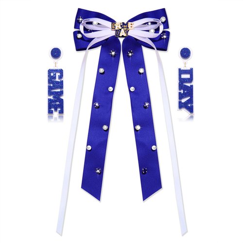 HZEYN Game Day Hair Bows for Women Football Hair Bow Clips Jeweled Crystal Long Tail Satin Ribbon Hair Barrette Sports Team Spirit Game Day Outfits Accessories Gifts White Blue