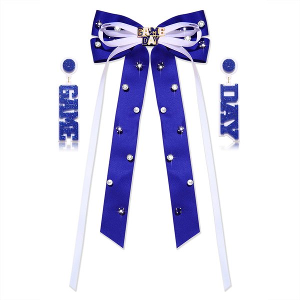 HZEYN Game Day Hair Bows for Women Football Hair Bow Clips Jeweled Crystal Long Tail Satin Ribbon Hair Barrette Sports Team Spirit Game Day Outfits Accessories Gifts White Blue