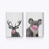 Smile Art Design Reindeer and Koala Animal Bubble Gum Art 2 Panel Canvas Print Set Pink Gum Black and White Wall Art Baby Room Boy Girl Kids Room - Nursery Decor Ready to Hang Made in USA- 12x8