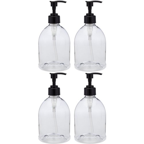 (4 Pack with Patented Screw-On Funnel) Earth's Essentials Versatile 16 Ounce PET Plastic Refillable Designer Pump Bottles. Excellent Liquid Hand Soap, Lotion, Shampoo and Massage Oil Dispensers