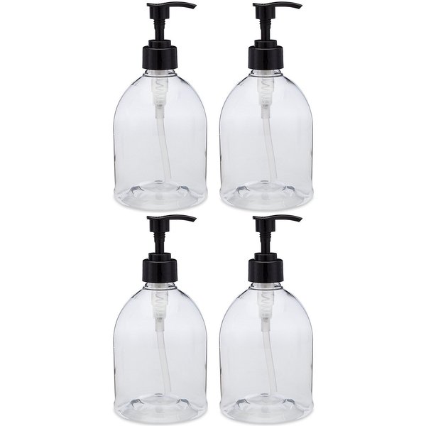 (4 Pack with Patented Screw-On Funnel) Earth's Essentials Versatile 16 Ounce PET Plastic Refillable Designer Pump Bottles. Excellent Liquid Hand Soap, Lotion, Shampoo and Massage Oil Dispensers