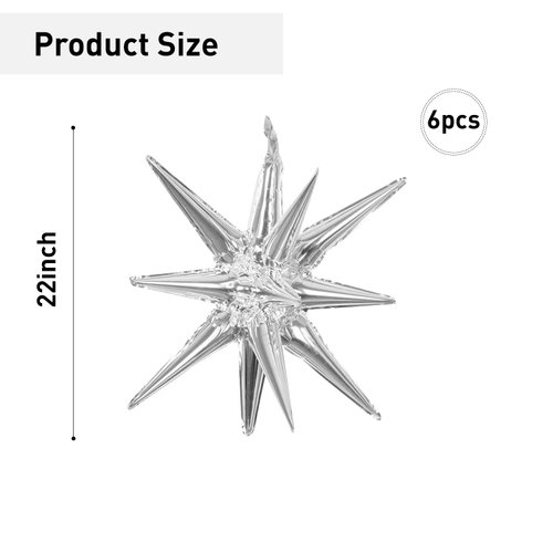 6 Pcs Silver Star Foil Balloons One-Piece 14-Pointed Star Balloons 4D Starburst Cone Mylar Balloons 22inch Christmas Birthday Wedding Wedding Anniversary Party Supplies(Silver)