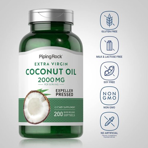 Piping Rock Coconut Oil Softgel Capsules 2000mg | 200 Count | Expeller Pressed | Extra Virgin | for Skin and Hair | Non-GMO, Gluten Free Supplement