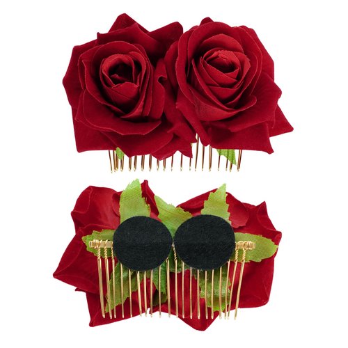 Topbuti 2 Pack Rose Flower Hair Clip Comb Wedding Floral Clips Hairpin Mexican Hair Accessories for Woman Girl Halloween Valentines Mother's Day Flamenco Dancer (Red)