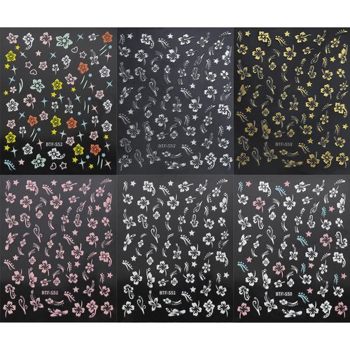 6pcs 3D Flower Nail Stickers for Nail Art Colorful Hibiscus Flowers Nail Art Stickers Floral Nail Decals White Flower Stickers for Nails Women Nail Supplies Spring Nail Decorations Nail Accessories