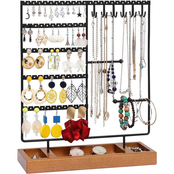 X-cosrack Earring Holder,5-Tier Ear Stud Holder with Wooden Tray,Jewelry Organizer Holder for Earrings Necklaces Bracelets Watches and Rings,Earring Display Stand with 132 Holes,Black